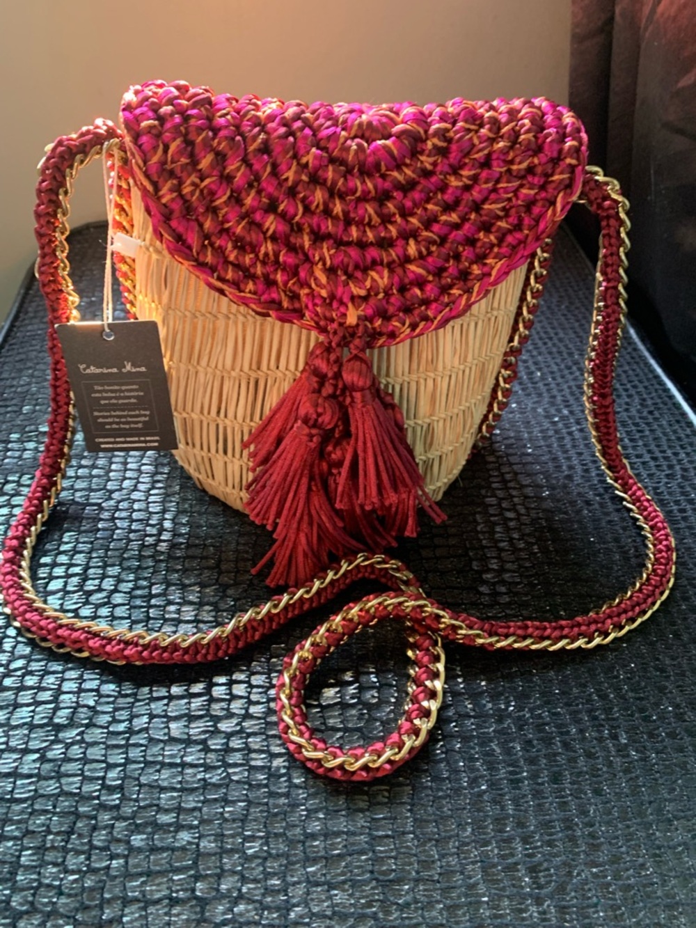 Catarina Mina Straw Bucket Bag with Red Braided Strap